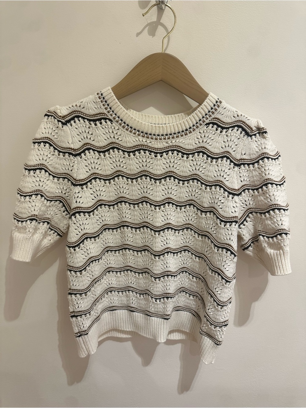Marled Cream Knit Top with Brown and Black Stripe Accents Medium